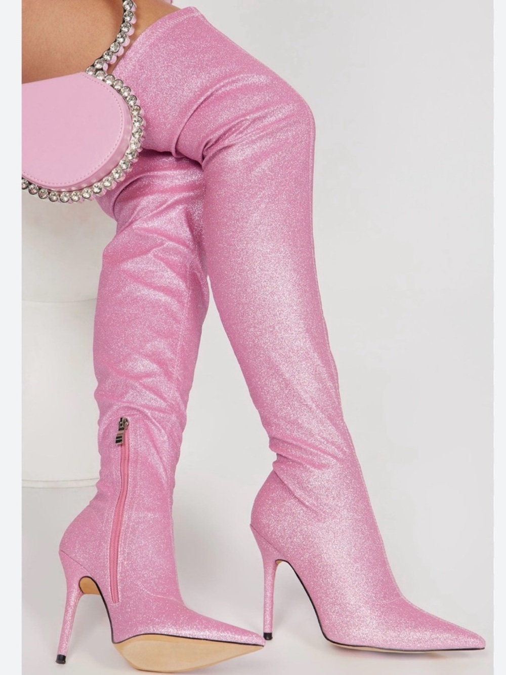 Shimmer Pink Over-the-Knee Stiletto Boots